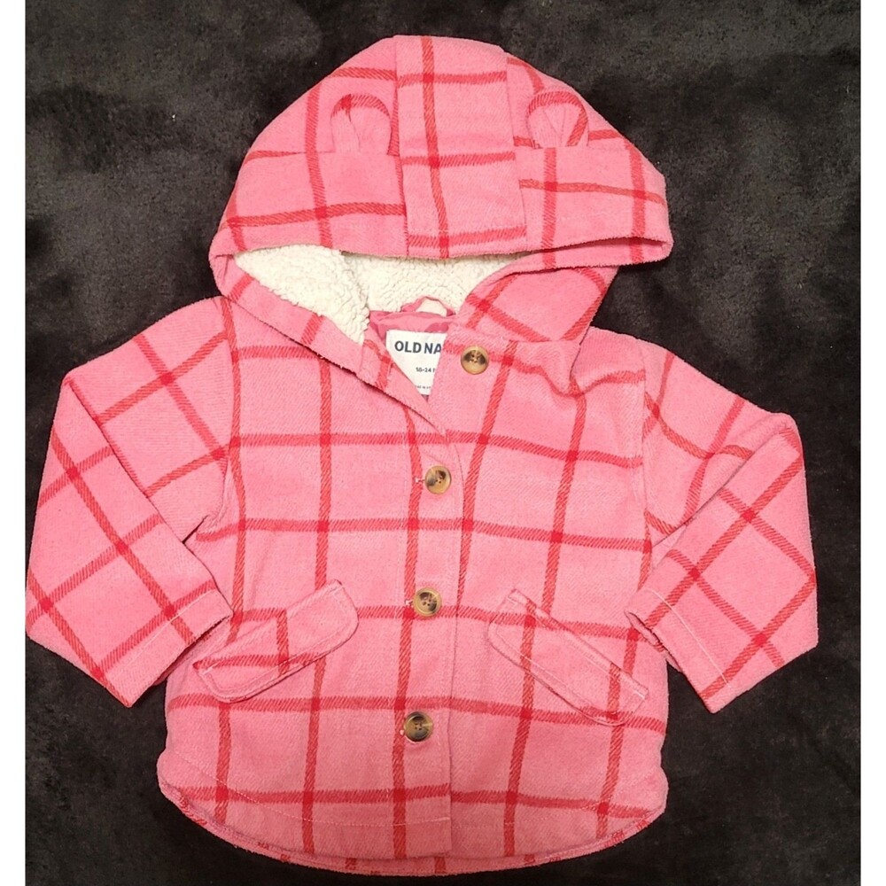 Old Navy Baby Size 18-24 Months Pink Plaid Hooded Lined Coat Button Front Fleece